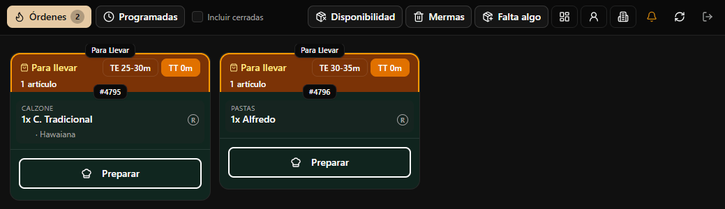 Pantalla de cocina con dos comandas y su tiempo estimado